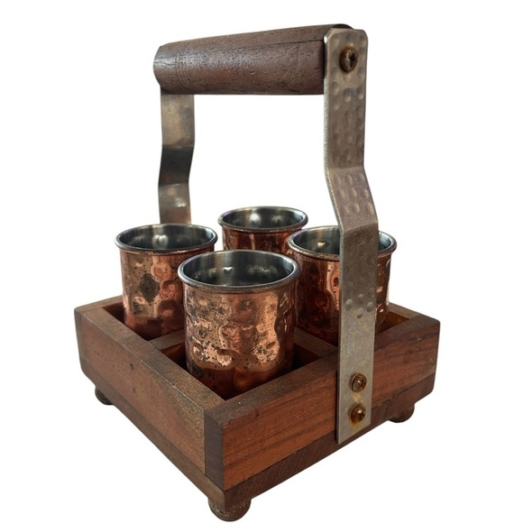 Hammered Copper Shot Glasses in Wooden Caddy - Picture 10 of 12